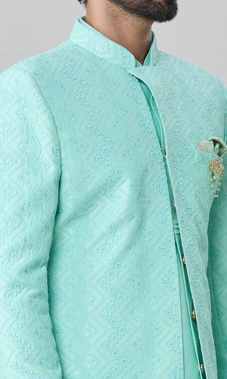 Shop_Arihant Rai Sinha_Green , Cotton, Satin Embroidery, Sequins Sherwani Churidar Set_Online_at_Aza_Fashions