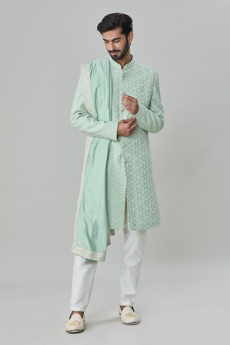 Arihant Rai Sinha_Green Silk, Cotton Sequins, Embroidery Sherwani Set_Online_at_Aza_Fashions