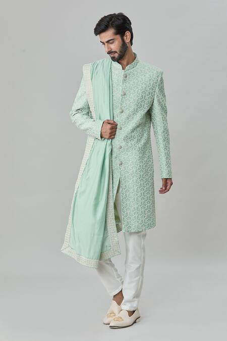 Buy_Arihant Rai Sinha_Green Silk, Cotton Sequins, Embroidery Sherwani Set_Online_at_Aza_Fashions