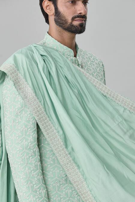 Shop_Arihant Rai Sinha_Green Silk, Cotton Sequins, Embroidery Sherwani Set_Online_at_Aza_Fashions