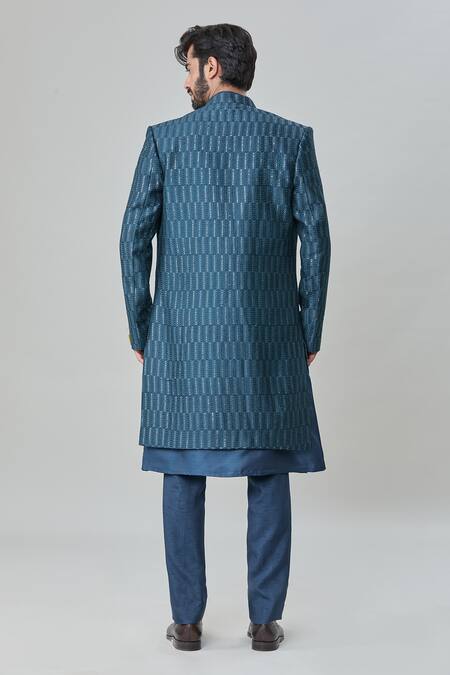 Shop Arihant Rai Sinha Blue , Satin, Cotton Sequins, Mirrors, Sherwani With Kurta Set at Aza Fashions Shop_Arihant Rai Sinha_Blue , Satin, Cotton Sequins, Mirrors, Sherwani With Kurta Set_at_Aza_Fashions