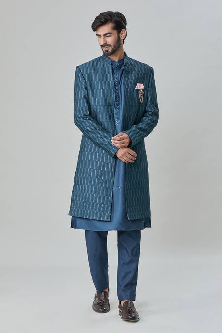 Shop Arihant Rai Sinha Blue , Satin, Cotton Sequins, Mirrors, Sherwani With Kurta Set Online at Aza Fashions Shop_Arihant Rai Sinha_Blue , Satin, Cotton Sequins, Mirrors, Sherwani With Kurta Set_Online_at_Aza_Fashions