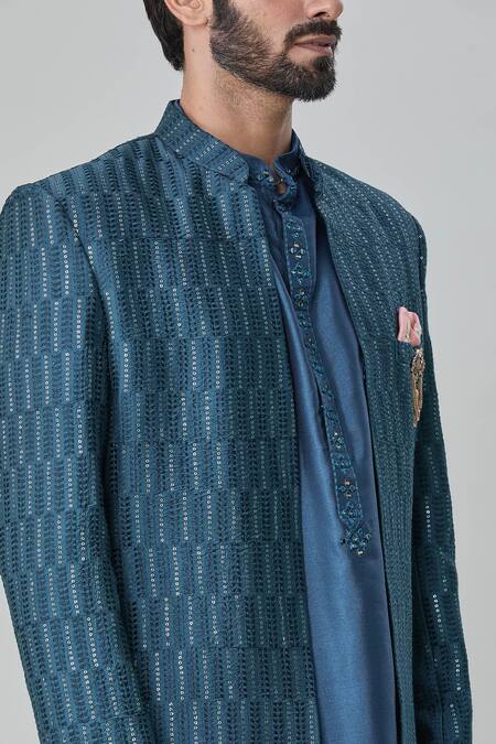 Arihant Rai Sinha Blue , Satin, Cotton Sequins, Mirrors, Sherwani With Kurta Set at Aza Fashions Arihant Rai Sinha_Blue , Satin, Cotton Sequins, Mirrors, Sherwani With Kurta Set_at_Aza_Fashions