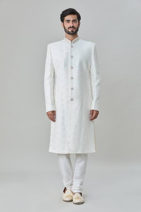 Buy_Arihant Rai Sinha_White Silk, , Chanderi Floral Embroidered Sherwani Churidar Set_Online_at_Aza_Fashions