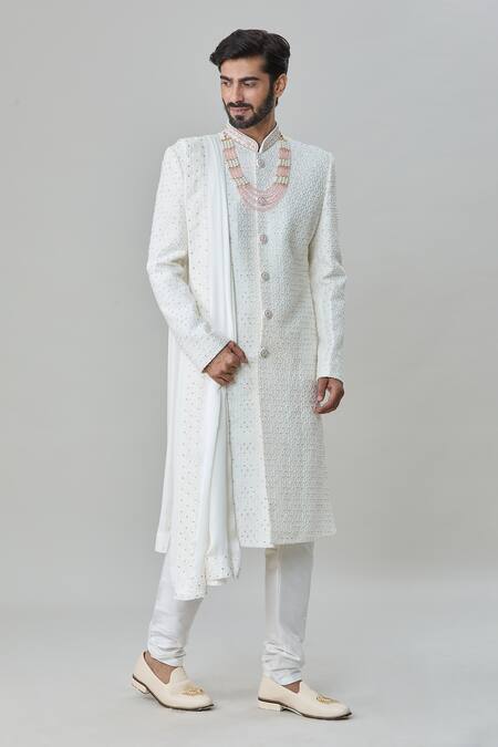 Shop_Arihant Rai Sinha_White Silk, , Chanderi Floral Embroidered Sherwani Churidar Set_Online_at_Aza_Fashions