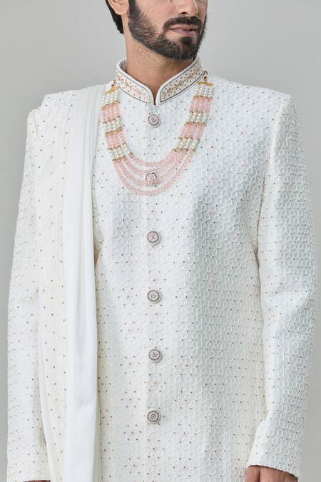 Arihant Rai Sinha_White Silk, , Chanderi Floral Embroidered Sherwani Churidar Set_at_Aza_Fashions