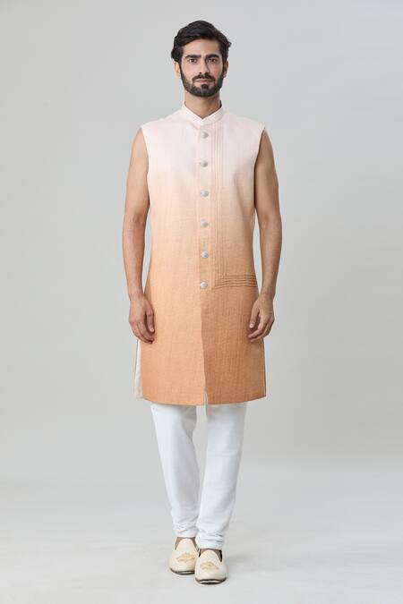 Arihant Rai Sinha_Peach Silk, Cotton Mirrors, Embroidery Jacket And Kurta Set_Online_at_Aza_Fashions