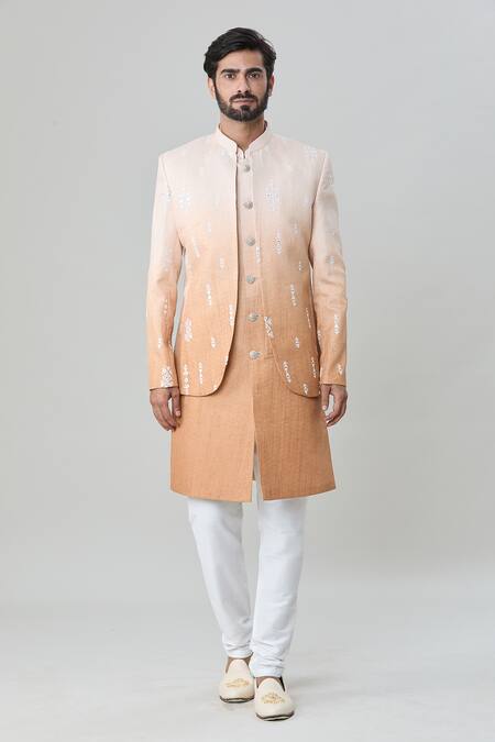Buy_Arihant Rai Sinha_Peach Silk, Cotton Mirrors, Embroidery Jacket And Kurta Set_Online_at_Aza_Fashions