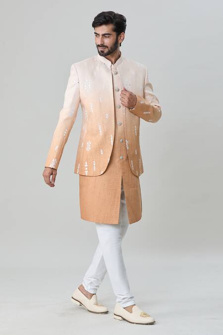 Shop_Arihant Rai Sinha_Peach Silk, Cotton Mirrors, Embroidery Jacket And Kurta Set_Online_at_Aza_Fashions