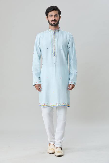 Arihant Rai Sinha_Blue , Cotton, Satin Mirrors, Embroidery Jacket With Kurta Set_Online_at_Aza_Fashions