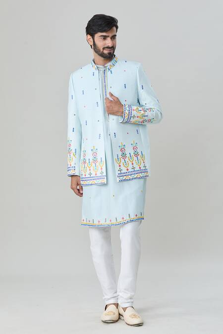 Buy_Arihant Rai Sinha_Blue , Cotton, Satin Mirrors, Embroidery Jacket With Kurta Set_Online_at_Aza_Fashions