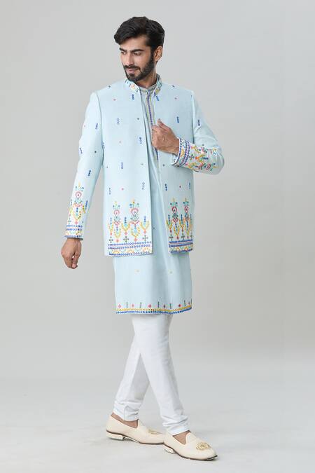 Shop_Arihant Rai Sinha_Blue , Cotton, Satin Mirrors, Embroidery Jacket With Kurta Set_Online_at_Aza_Fashions