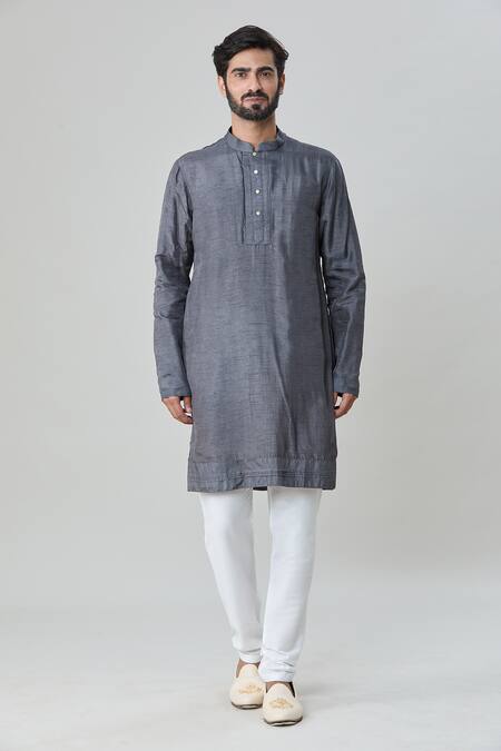 Arihant Rai Sinha_Grey Silk, Chanderi Cotton Embroidery Floral Jacket And Kurta Set_Online_at_Aza_Fashions