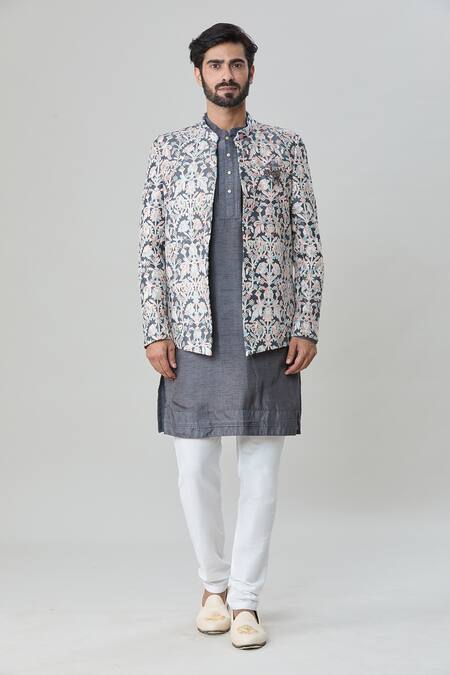 Buy_Arihant Rai Sinha_Grey Silk, Chanderi Cotton Embroidery Floral Jacket And Kurta Set_Online_at_Aza_Fashions