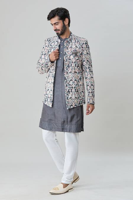 Shop_Arihant Rai Sinha_Grey Silk, Chanderi Cotton Embroidery Floral Jacket And Kurta Set_Online_at_Aza_Fashions
