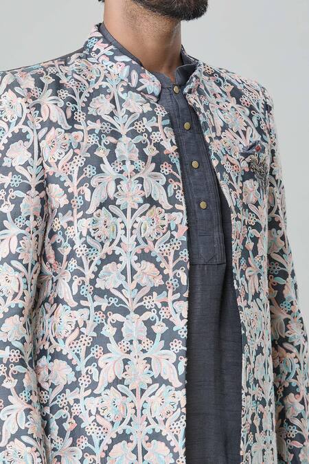 Arihant Rai Sinha_Grey Silk, Chanderi Cotton Embroidery Floral Jacket And Kurta Set_at_Aza_Fashions