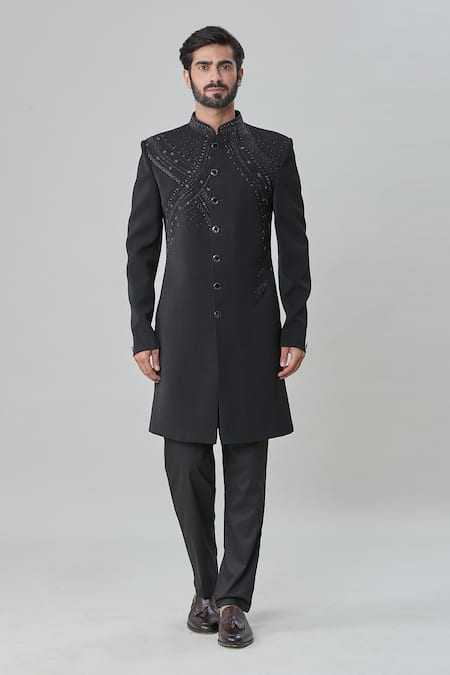 Arihant Rai Sinha_Black Cotton Cut Work, Stones Cutdana Hand Embroidered Sherwani And Pant Set_Online_at_Aza_Fashions