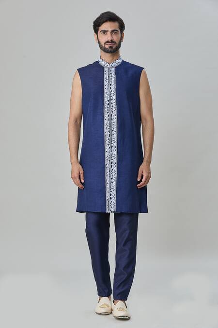 Arihant Rai Sinha_Blue Velvet, Cotton Embroidery Floral Sherwani Pant Set_Online_at_Aza_Fashions