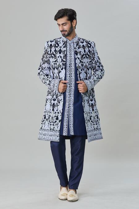 Shop_Arihant Rai Sinha_Blue Velvet, Cotton Embroidery Floral Sherwani Pant Set_Online_at_Aza_Fashions