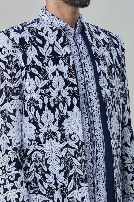 Arihant Rai Sinha_Blue Velvet, Cotton Embroidery Floral Sherwani Pant Set_at_Aza_Fashions