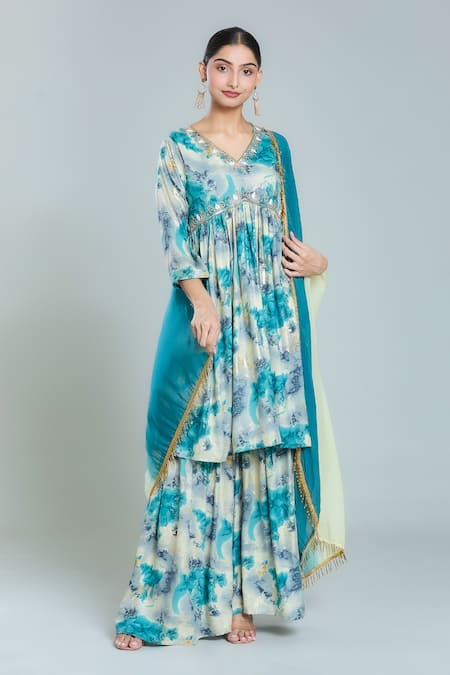 Samyukta Singhania Abstract Print Short Anarkali Kurta Sharara Set 