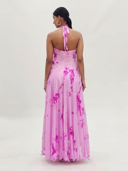 Samyukta Singhania_Pink Chiffon Halter Neck Shibori Pattern Dress_Online_at_Aza_Fashions