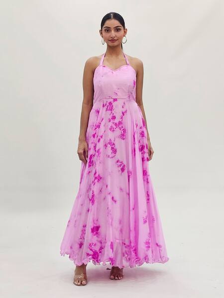 Buy_Samyukta Singhania_Pink Chiffon Halter Neck Shibori Pattern Dress_Online_at_Aza_Fashions