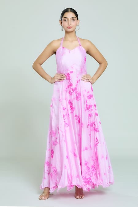Shop_Samyukta Singhania_Pink Chiffon Halter Neck Shibori Pattern Dress_Online_at_Aza_Fashions