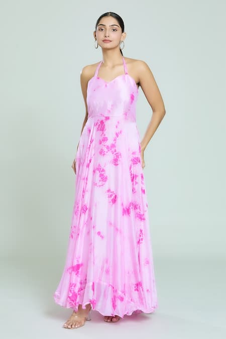 Samyukta Singhania_Pink Chiffon Halter Neck Shibori Pattern Dress_at_Aza_Fashions