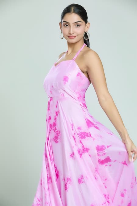 Buy_Samyukta Singhania_Pink Chiffon Halter Neck Shibori Pattern Dress