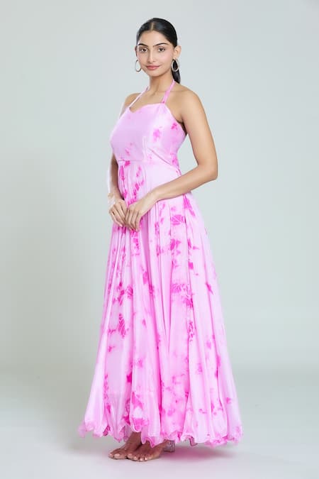 Shop_Samyukta Singhania_Pink Chiffon Halter Neck Shibori Pattern Dress