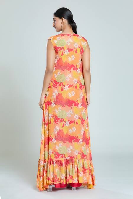 Shop Samyukta Singhania Multi Color Muslin, Chiffon Split V-neck, Open Floral Print Cape Flared Pant Set at Aza Fashions Shop_Samyukta Singhania_Multi Color Muslin, Chiffon Split V-neck, Open Floral Print Cape Flared Pant Set_at_Aza_Fashions