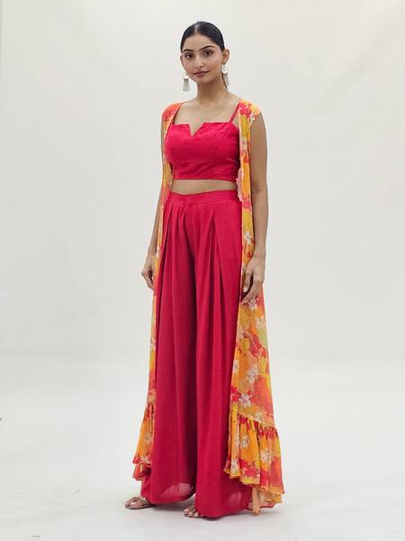Samyukta Singhania Multi Color Muslin, Chiffon Split V-neck, Open Floral Print Cape Flared Pant Set Online at Aza Fashions Samyukta Singhania_Multi Color Muslin, Chiffon Split V-neck, Open Floral Print Cape Flared Pant Set_Online_at_Aza_Fashions
