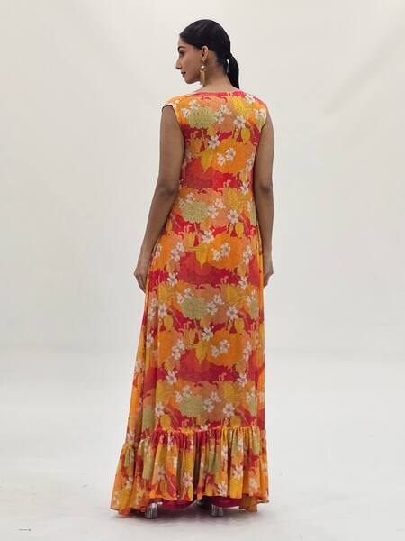 Buy Samyukta Singhania Multi Color Muslin, Chiffon Split V-neck, Open Floral Print Cape Flared Pant Set Online at Aza Fashions Buy_Samyukta Singhania_Multi Color Muslin, Chiffon Split V-neck, Open Floral Print Cape Flared Pant Set_Online_at_Aza_Fashions