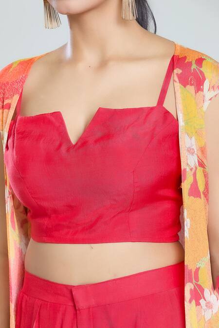 Samyukta Singhania Multi Color Muslin, Chiffon Split V-neck, Open Floral Print Cape Flared Pant Set at Aza Fashions Samyukta Singhania_Multi Color Muslin, Chiffon Split V-neck, Open Floral Print Cape Flared Pant Set_at_Aza_Fashions