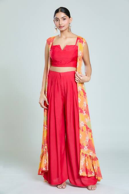 Buy Samyukta Singhania Multi Color Muslin, Chiffon Split V-neck, Open Floral Print Cape Flared Pant Set Buy_Samyukta Singhania_Multi Color Muslin, Chiffon Split V-neck, Open Floral Print Cape Flared Pant Set