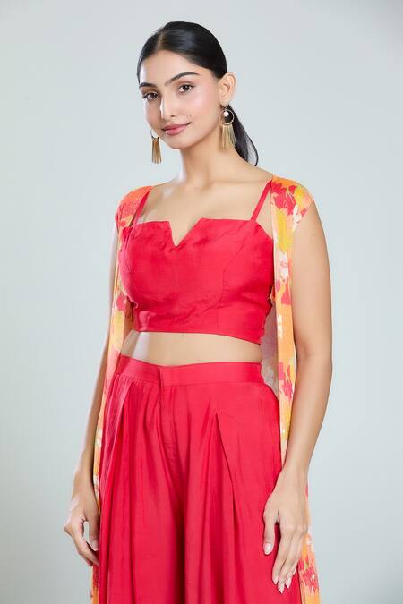 Shop Samyukta Singhania Multi Color Muslin, Chiffon Split V-neck, Open Floral Print Cape Flared Pant Set Shop_Samyukta Singhania_Multi Color Muslin, Chiffon Split V-neck, Open Floral Print Cape Flared Pant Set