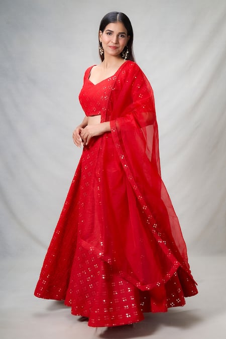 Naintara Bajaj Red Georgette, Organza Mirrors, Embroidery Mirrorwork Embellished Lehenga Set Online at Aza Fashions Naintara Bajaj_Red Georgette, Organza Mirrors, Embroidery Mirrorwork Embellished Lehenga Set_Online_at_Aza_Fashions
