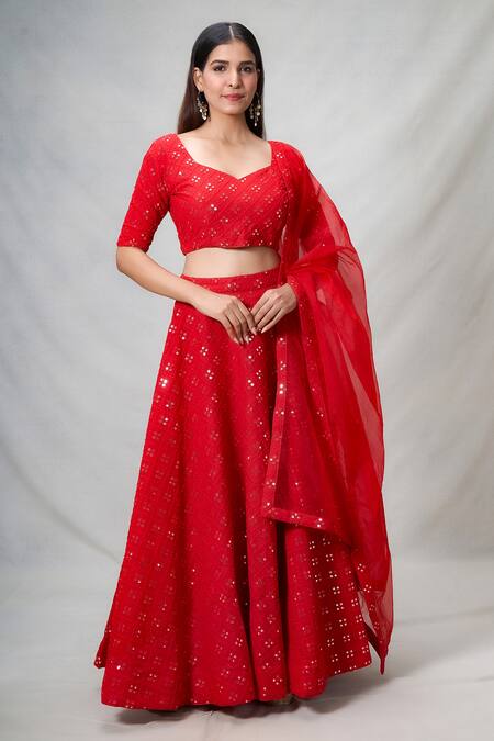 Buy Naintara Bajaj Red Georgette, Organza Mirrors, Embroidery Mirrorwork Embellished Lehenga Set Online at Aza Fashions Buy_Naintara Bajaj_Red Georgette, Organza Mirrors, Embroidery Mirrorwork Embellished Lehenga Set_Online_at_Aza_Fashions