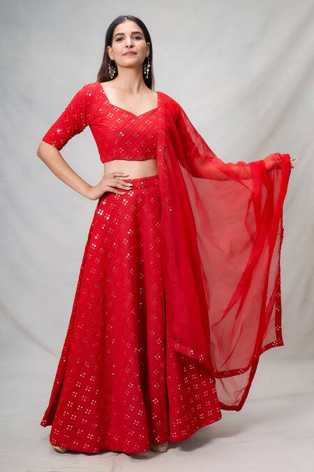 Shop Naintara Bajaj Red Georgette, Organza Mirrors, Embroidery Mirrorwork Embellished Lehenga Set Online at Aza Fashions Shop_Naintara Bajaj_Red Georgette, Organza Mirrors, Embroidery Mirrorwork Embellished Lehenga Set_Online_at_Aza_Fashions