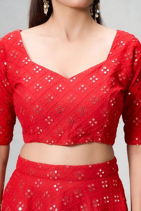 Naintara Bajaj Red Georgette, Organza Mirrors, Embroidery Mirrorwork Embellished Lehenga Set at Aza Fashions Naintara Bajaj_Red Georgette, Organza Mirrors, Embroidery Mirrorwork Embellished Lehenga Set_at_Aza_Fashions