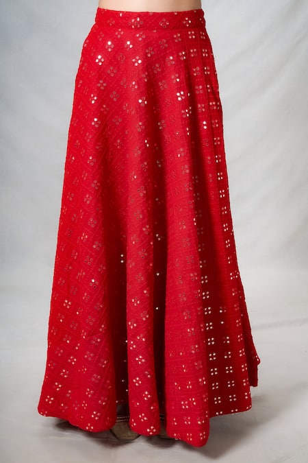 Buy_Naintara Bajaj_Red Georgette, Organza Mirrors, Embroidery Mirrorwork Embellished Lehenga Set