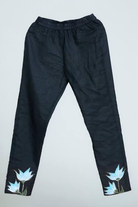 Samyukta Singhania_Black Muslin, Chiffon, Cotton Embroidery Floral Handpainted Anarkali Pant Set_Online_at_Aza_Fashions