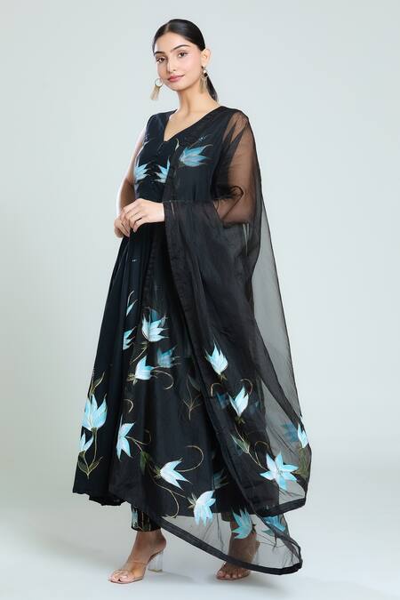 Buy_Samyukta Singhania_Black Muslin, Chiffon, Cotton Embroidery Floral Handpainted Anarkali Pant Set_Online_at_Aza_Fashions