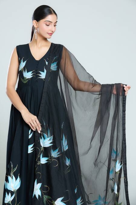 Shop_Samyukta Singhania_Black Muslin, Chiffon, Cotton Embroidery Floral Handpainted Anarkali Pant Set_Online_at_Aza_Fashions