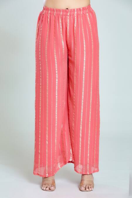 Naintara Bajaj_Peach Viscose Lace Round Neck Woven Stripe Tunic And Flared Pant Set _Online_at_Aza_Fashions