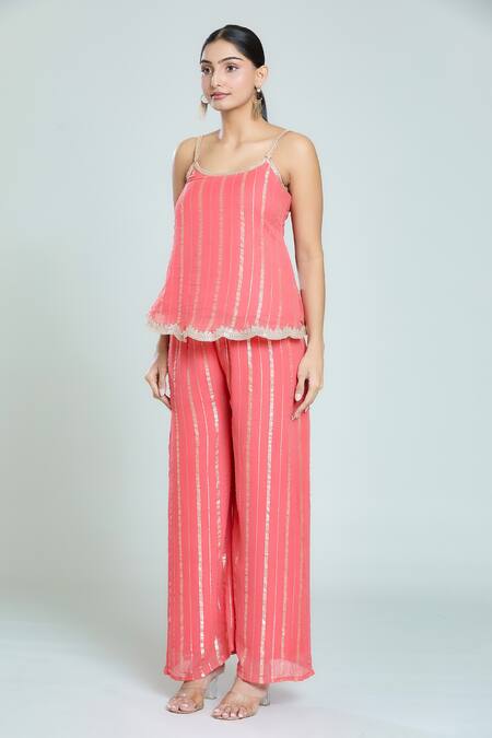 Buy_Naintara Bajaj_Peach Viscose Lace Round Neck Woven Stripe Tunic And Flared Pant Set _Online_at_Aza_Fashions