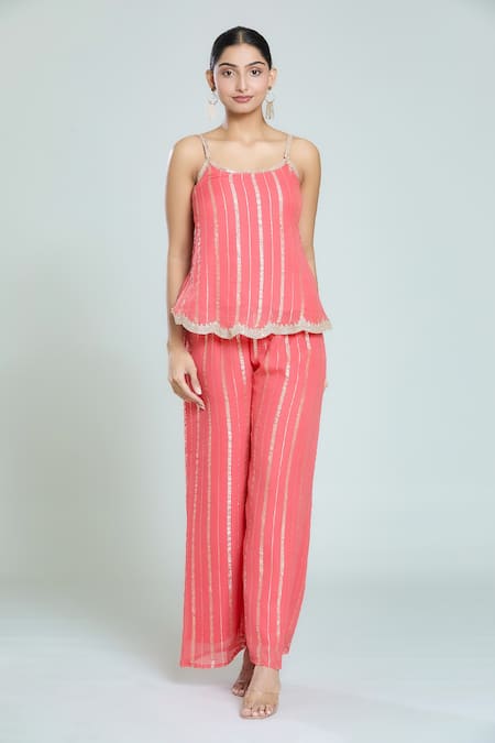Naintara Bajaj_Peach Viscose Lace Round Neck Woven Stripe Tunic And Flared Pant Set _at_Aza_Fashions