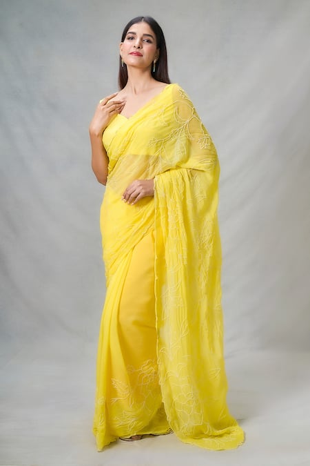Naintara Bajaj_Yellow Silk Pearls Sunshine Handwork Saree With Blouse_Online_at_Aza_Fashions