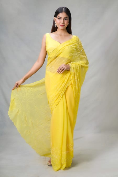 Buy_Naintara Bajaj_Yellow Silk Pearls Sunshine Handwork Saree With Blouse_Online_at_Aza_Fashions
